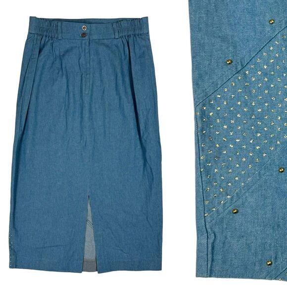City girl Nancy Bolen Dresses & Skirts - 80's City Girl Nancy Bolen Denim Maxi Skirt Women's Size 14 Glitter Studded‎ VTG